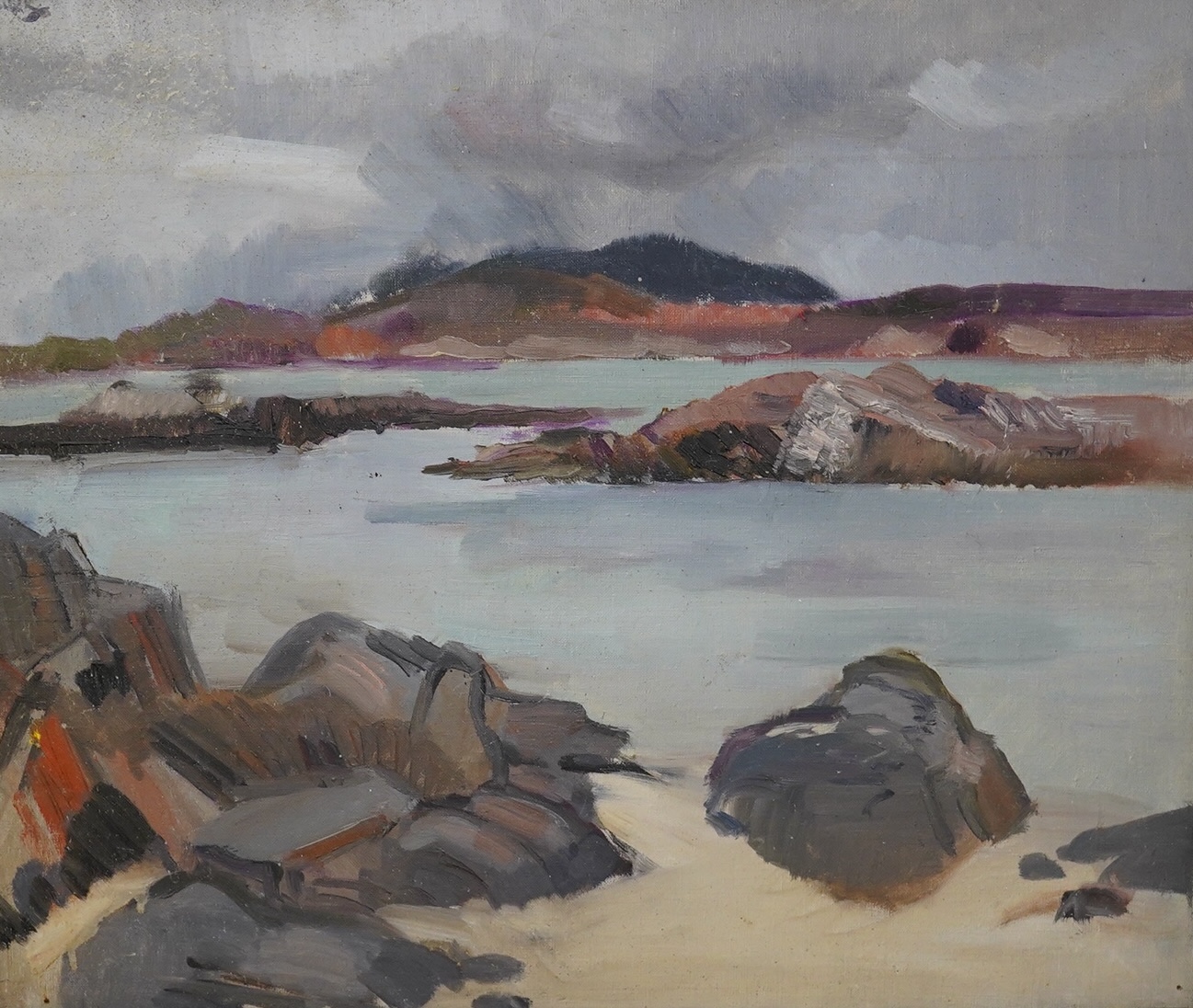 W. Russell, impressionist oil on board, Rocky coastal view, signed, together with another similar work on canvas, unsigned, largest 42 x 51cm. Condition - fair to good